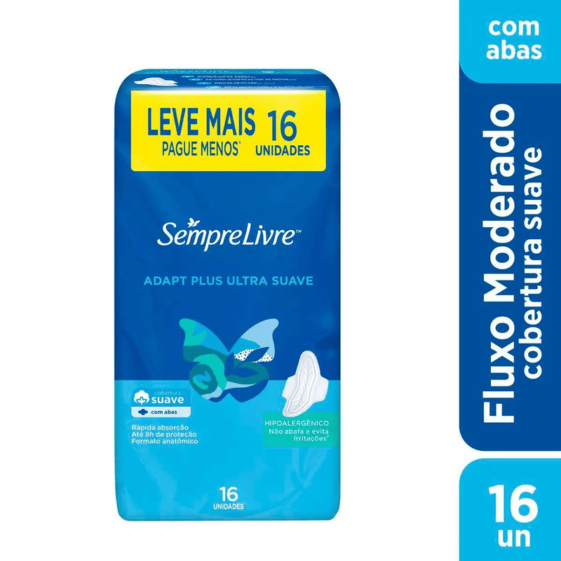 Absorvente Sempre Livre Adapt Plus Cobertura Suave Com Abas 16 Unidades