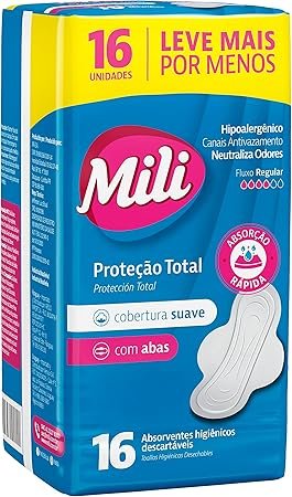 Absorvente Mili Proteção Total Com Abas Suave Com 16 Unidades Leve 16 e Pague 14