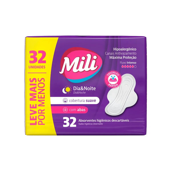 Absorvente Mili Dia e Noite Cobertura Suave Com Abas 32 Unidades
