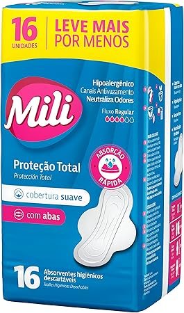 Absorvente Mili Proteção Total Com Abas Suave Com 16 Unidades Leve 16 e Pague 14