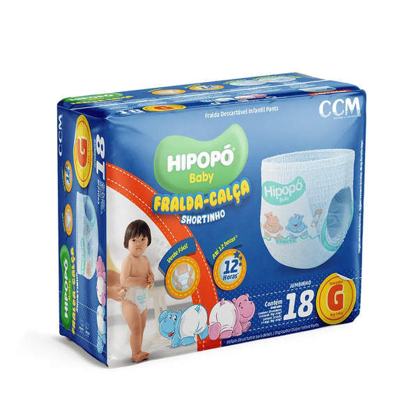 Fralda-Calça Shortinho Hipopó Baby Jumbinho G Com 18 Unidades
