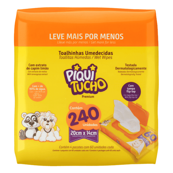 Lenço Umedecido Piquitucho Premium Sem Álcool Com 240 Unidades