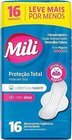 Absorvente Mili Proteção Total Com Abas Suave Com 16 Unidades Leve 16 e Pague 14